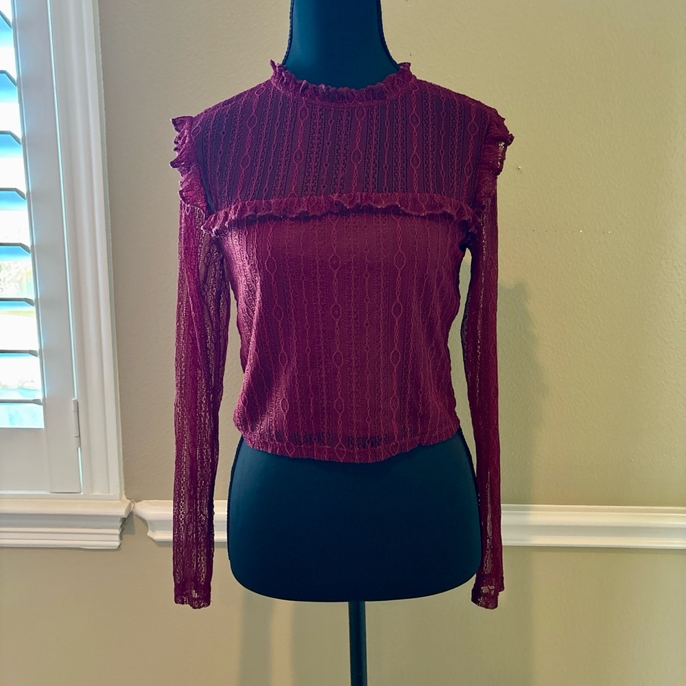Boho Romantic Whimsigoth Coquette Y2K Cropped Long Sleeve Lace Burgundy Top SzM